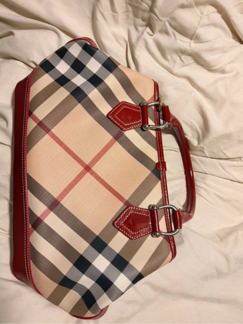 Vintage Burberry Nova Check Red Patent Satchel Y2K + Dust Bag Tags Strap Charms - Picture 3 of 15